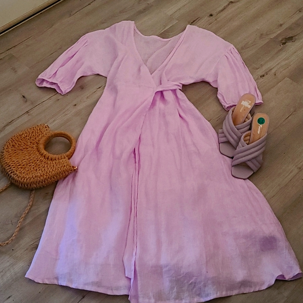 At Dawn Linen, puff sleeve wrap dress